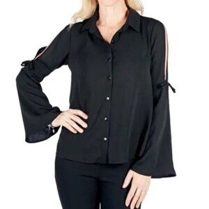 NEW Artizan Black Button Up Blouse Cut-Out Bell Sleeve Small (bin 1F)